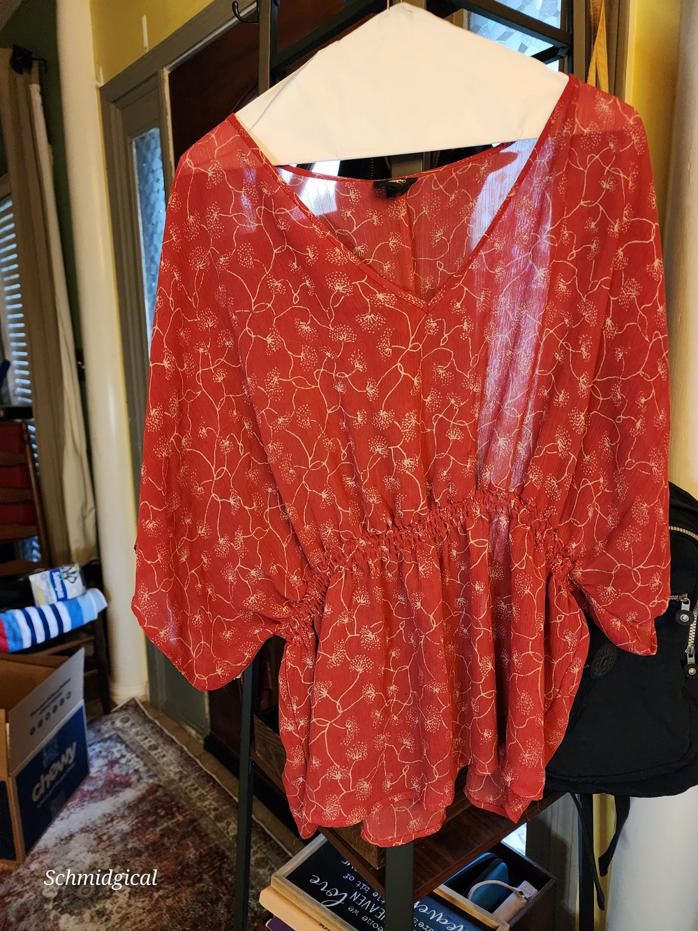 Womens Red Floral V-Neck Peplum Top Sheer XXL Cottagecore‎ Coquette